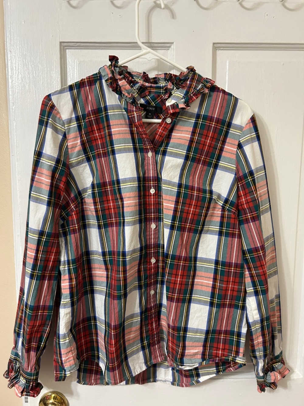J. Crew Plaid Ruffle-Collar Button-Down Shirt in Red, White, Blue